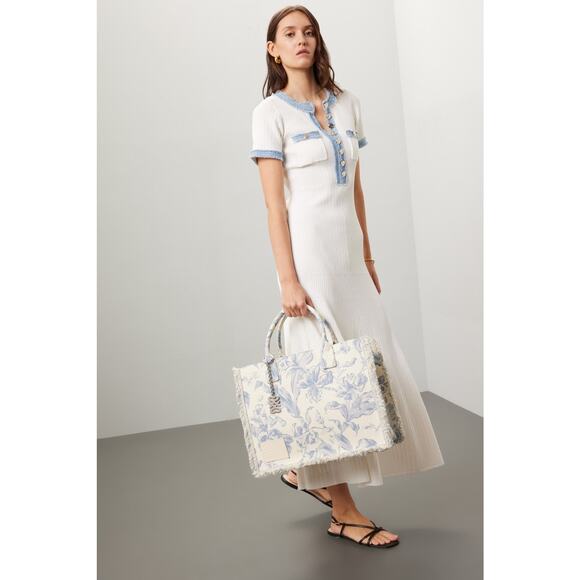 SANDRO Women's Blue Floral Print Magnetic Closure Frayed Edges Kasbah Tote Bag - Picture 1 of 16